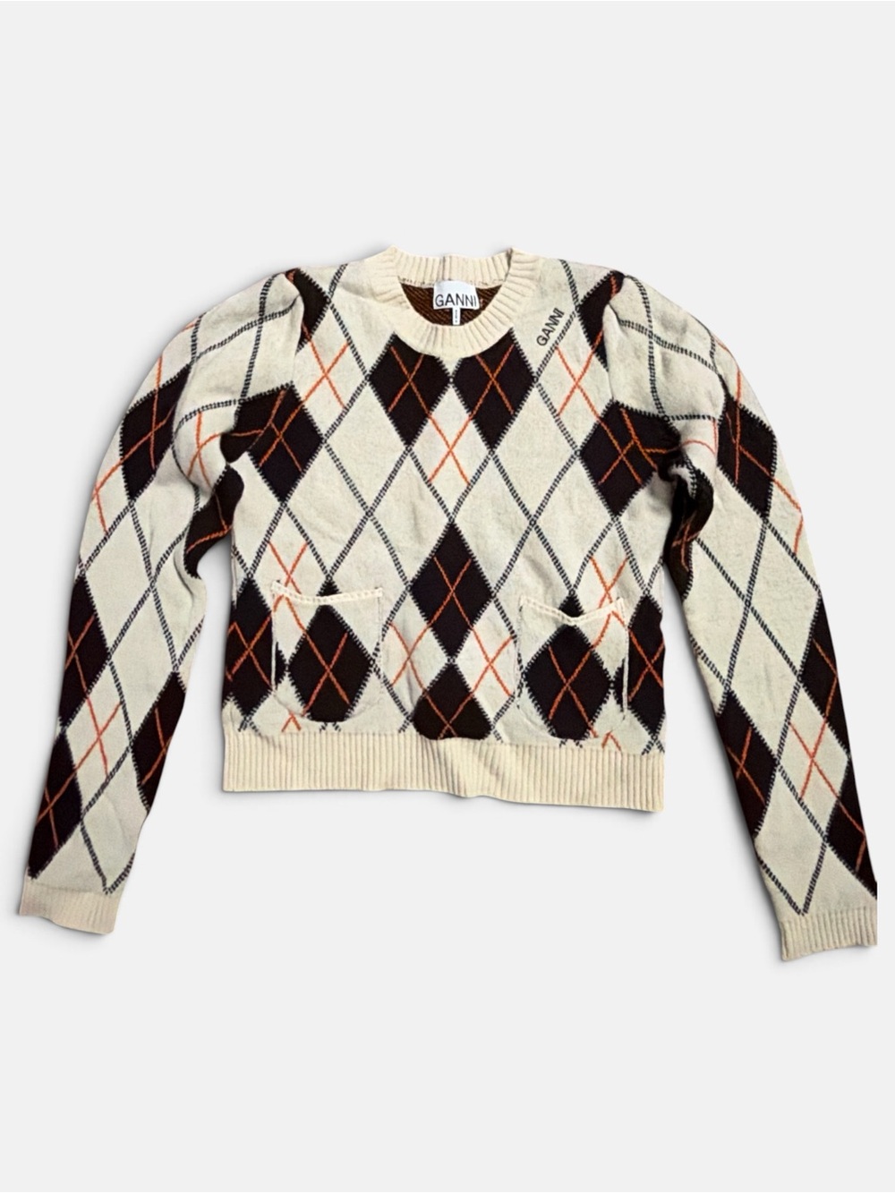 GANNI Cream Argyle Crewneck Wool Sweater